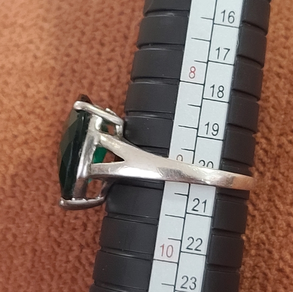 Emerald Green Teardrop Solitaire Ring, Sterling Silver Setting - Picture 2 of 11